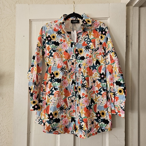 Cider Graffiti Print Button-Up Mini Shirt Dress Junior's Size XS - Picture 1 of 5